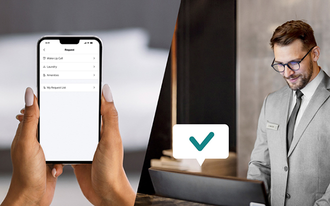 The image shows a hotel staff member using the Room Manager feature provided by LG Pro:Centric Cloud to check a guest's room service requests.