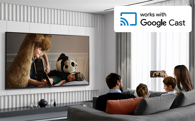 This image shows hotel guests streaming content from their smartphone to the in-room hotel TV.