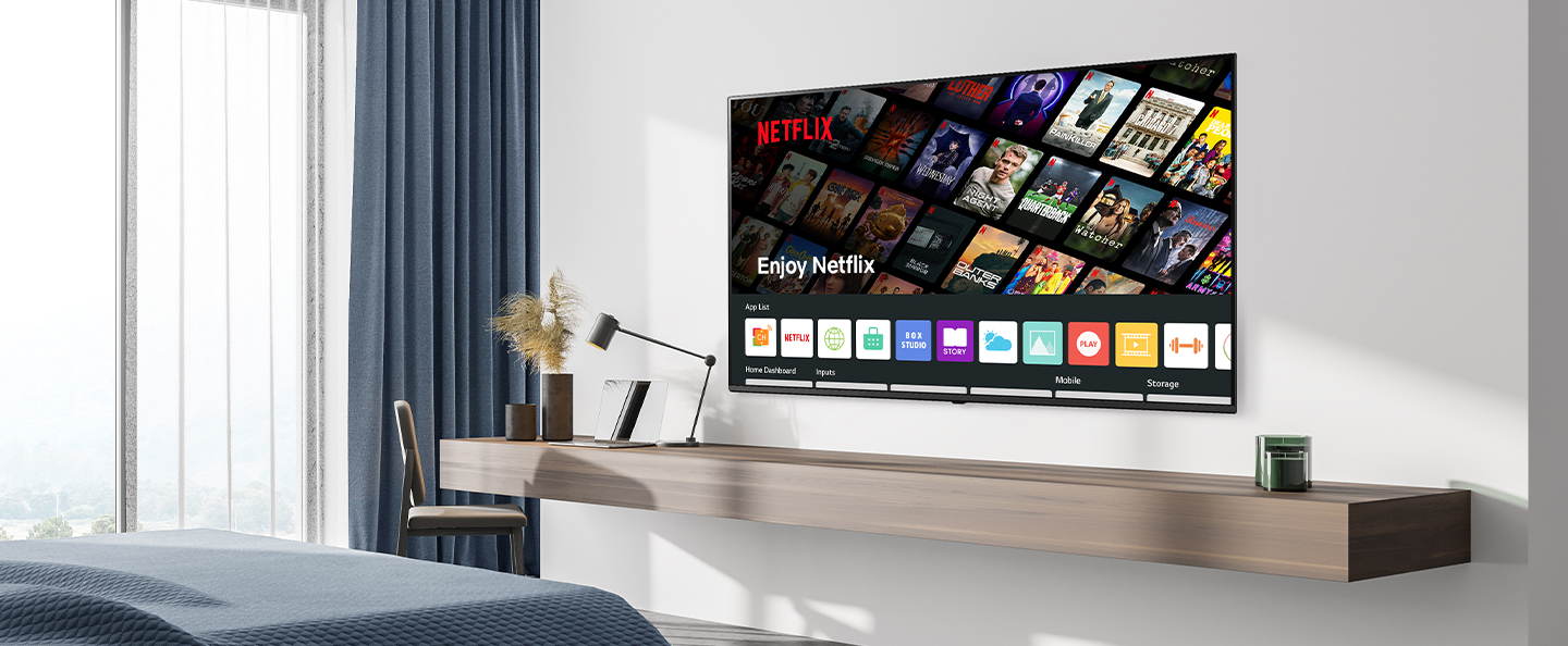 The hotel TV screen shows Netflix playing. LG Pro:Centric Cloud supports automatic logout when guests check out.