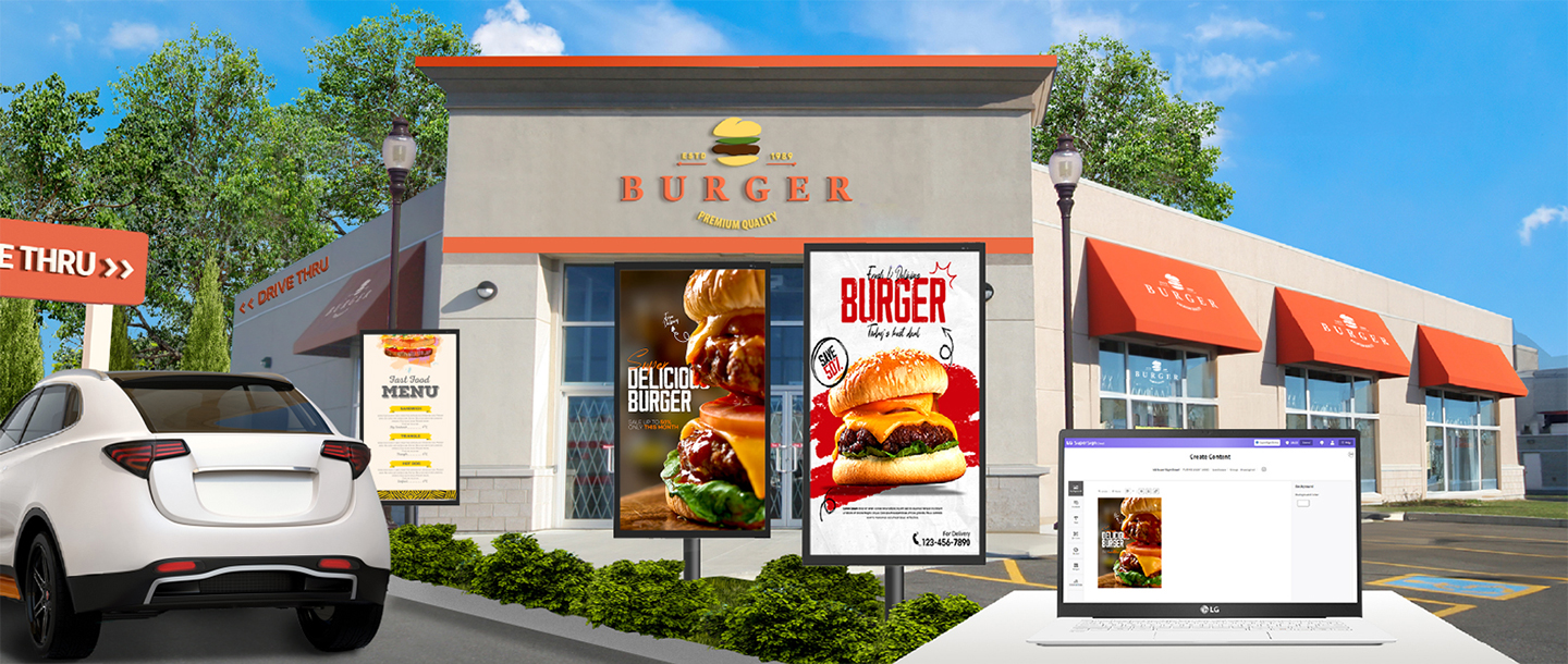 The image shows an example of burger menu content being created and delivered to outdoor signage in a drive-thru zone using LG SuperSign Cloud.