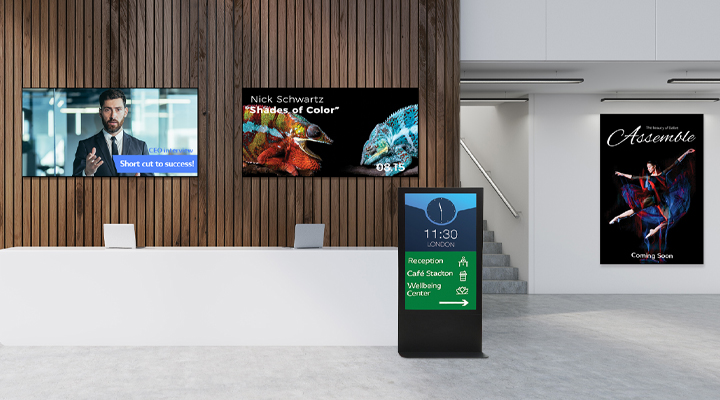 Various types of displays are installed in the company lobby.