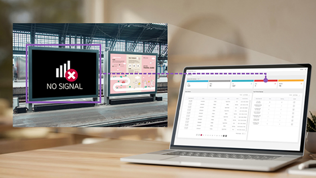 The LG SuperSign Control+ dashboard image is displayed on a laptop screen, showing signage error statuses visible on the left and allowing for remote checks directly from the dashboard.